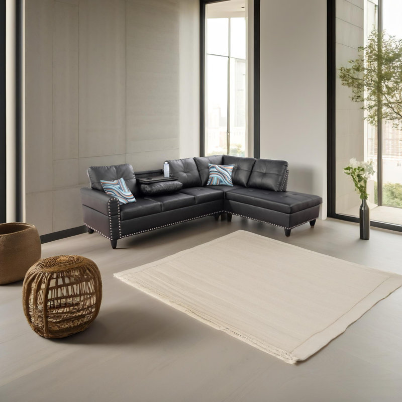 Faux Leather L-Shaped Sectional Right Hand Facing, Black Faux Leather