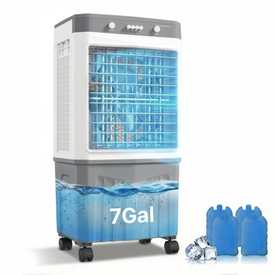 Portable Evaporative Air Cooler With 7-Gallon Water Tank, 4 Ice Packs, 3 Fan Speeds, 120° Airflow Range, Mechanical Button Control, Low Noise, White/Gray