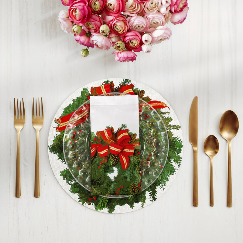 Christmas Wreath Cotton Sateen Dinner Napkins, White Red