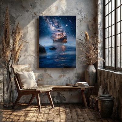 Toile, "Un bateau majestueux et fantastique" glisse à travers une mer scintillante et étoilée au crépuscule