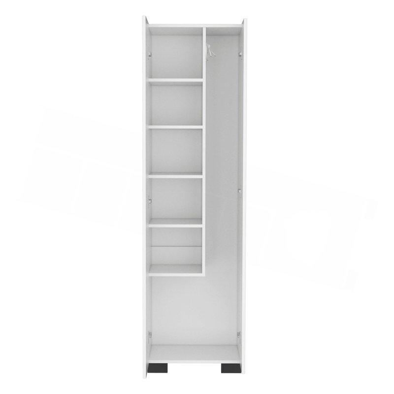Armoire à balai Attica à double porte avec tablettes intérieures et crochets latéraux, blanc