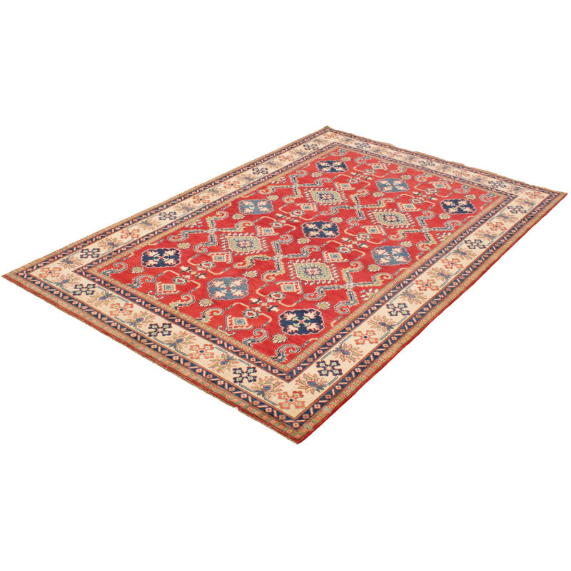 Tapis unique en laine noué à la main jaune et rouge Gazni des années 2010 de 6 pi 6 po x 9 pi 10 po Qaiden