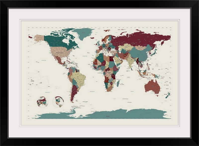 Francy «World Map» par Bellen, impression, H 24 po x l 32 po x P 1 po, Cadre noir
