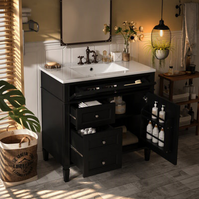 Meuble-lavabo moderne de 36 po avec lavabo supérieur, grand rangement, cuve en céramique durable et pieds romains élégants.