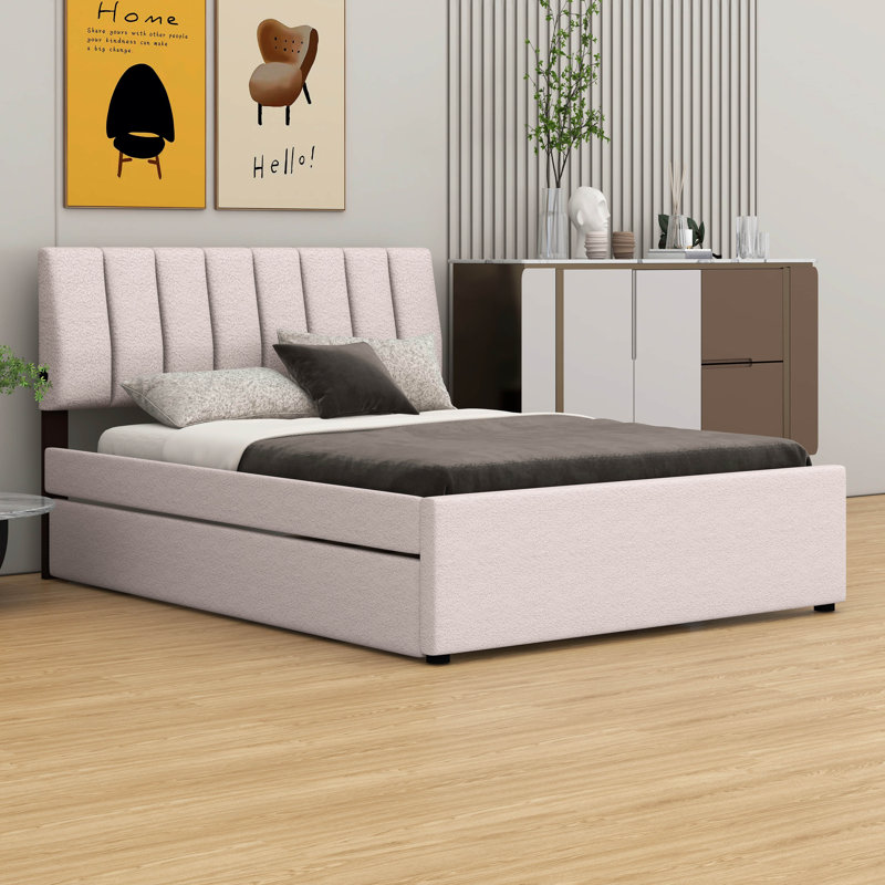 Lit plateforme tapissier Teddy - Lit gigogne simple inclus, Beige, Double