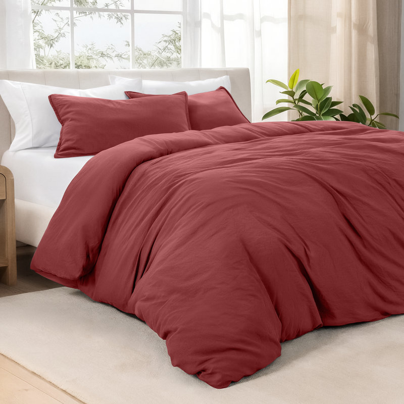 Washed Microfiber Duvet Cover Set, Rosewood, Oversized Queen Duvet Cover + 2 Standard Shams