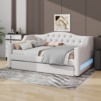Daybed With 2 Storage Drawers And LED, Upholstered Linen Day Bed Frame With Tufted Button Backrest by Lark Manor