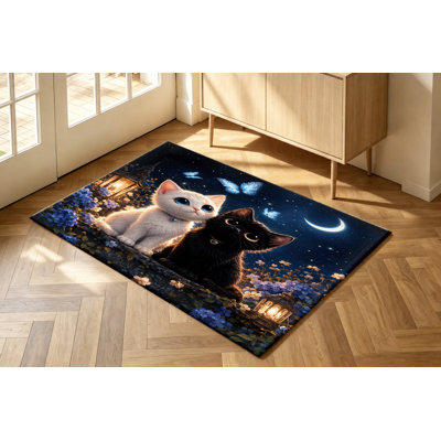 Whimsical Cartoon Cats Night Sky Machine Washable Area Rug with Non‑Slip Backing, Moon Butterfly Design Pattern Floor Carpet, Cozy Indoor Home Decor for Living Room, Bedroom, Playroom, Apartment