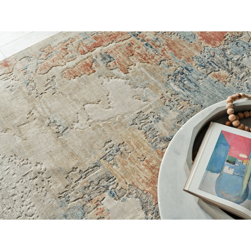 Infinity Power Loomed Wool/Nylon Abstract Area Rug in Ivory/Blue/Terracotta, Rectangle 9' x 12'