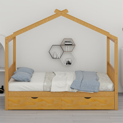 Lit plateforme House avec deux tiroirs, tête et pied de lit, toit