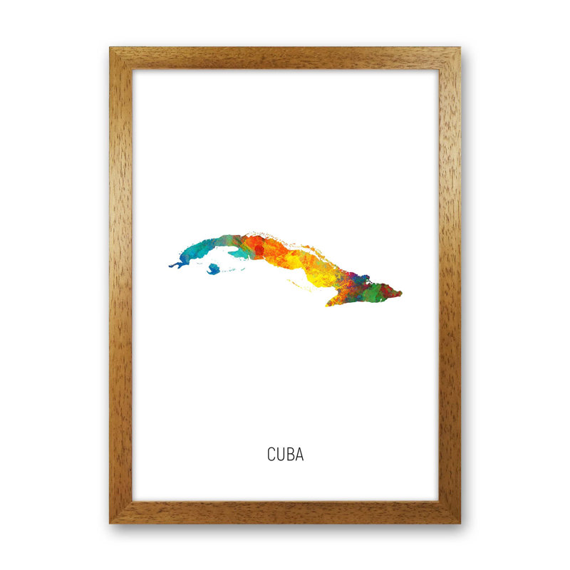 Cuba Watercolour Map by Michael Tompsett - Print, 63cm H x 46cm W x 3cm D, Brown Framed