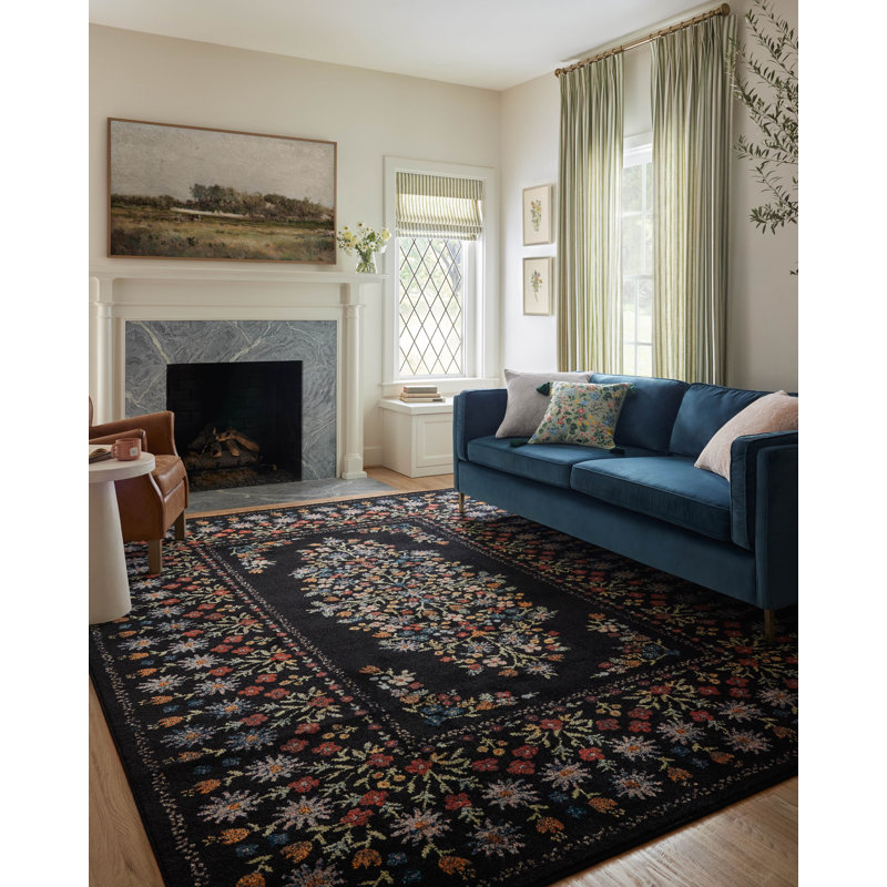 Tapis noir Rifle Paper Co. x Loloi Laurel, Rectangle 7 pi 10 po x 10 pi