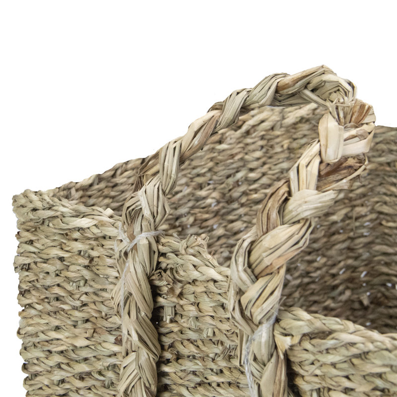 Set of 4 Rustic Beige Square Wicker Table and Floor Baskets