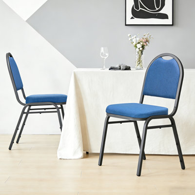 4 Pack Stackable Banquet Chairs, Blue Fabric Upholstered Crown Back, Heavy Duty Steel Frame 300lb Capacity, No Assembly