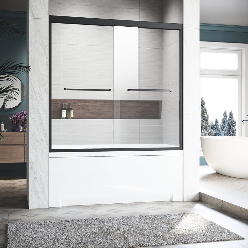 Matte Black Semi Bathtub Door 56 - 60 In. W X 57 H, Clear Tempered Glass, Stainless Steel Handles, Width Adjustable Tub Rust- Handles