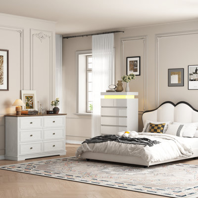 Ensemble de rangement vintage 2 pièces pour chambre à coucher avec commode haute à 6 tiroirs et commode à 6 tiroirs éclairées par DEL