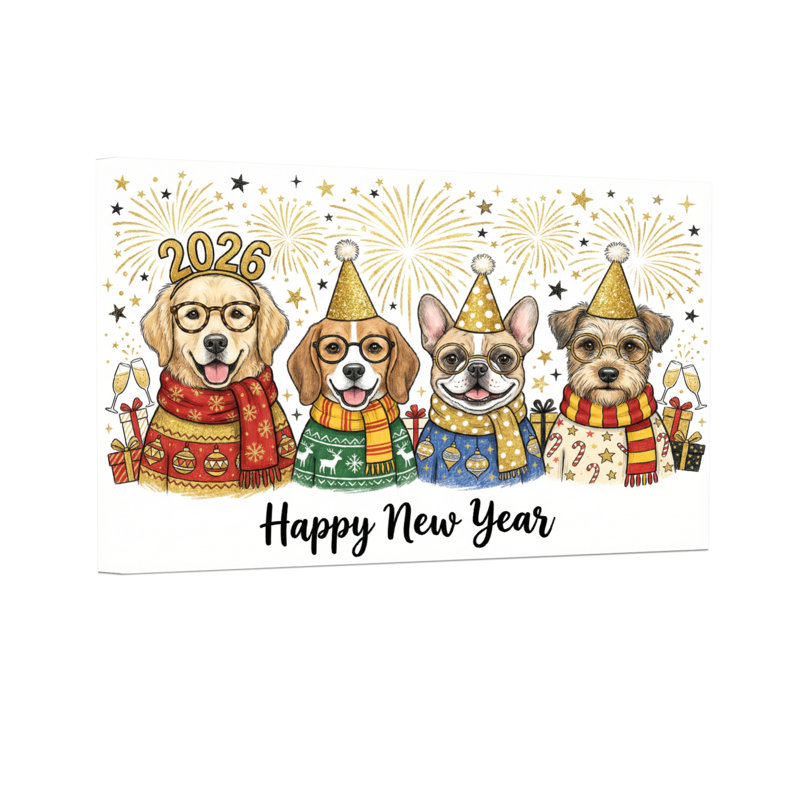 Animaux, quatre chiens en chandails et chapeaux des Fêtes, H 12 po x l 18 po