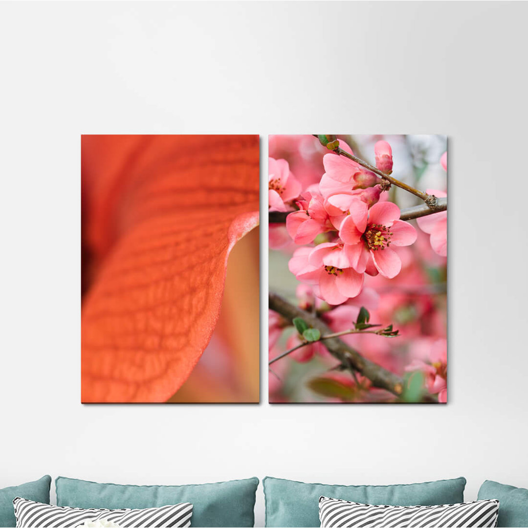 2-tlg. Leinwandbilder-Set - Fotografie „Blossoms Spring Cherry Branch Pink Red”