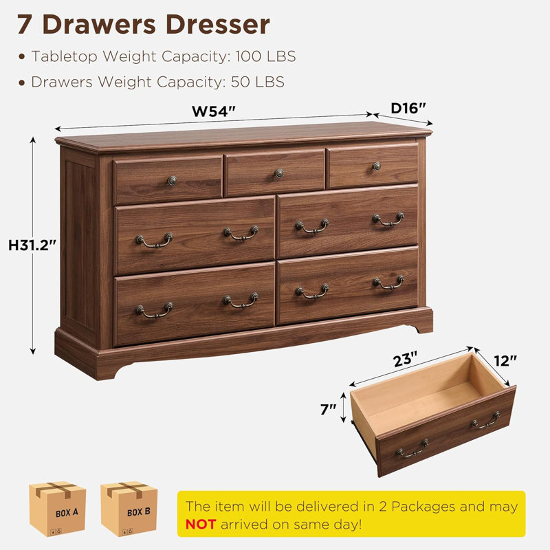 Fariah 54''W  Vintage 7 - Drawers Dresser Organizer, Wood Rustic Wide Chest of Drawers, Light Walnut