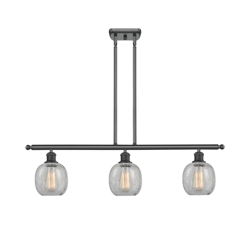 Luminaire suspendu linéaire à 3 lumières pour îlot de cuisine Carlucci, Transparence craquelée, Noir mat, Ampoule non incluse
