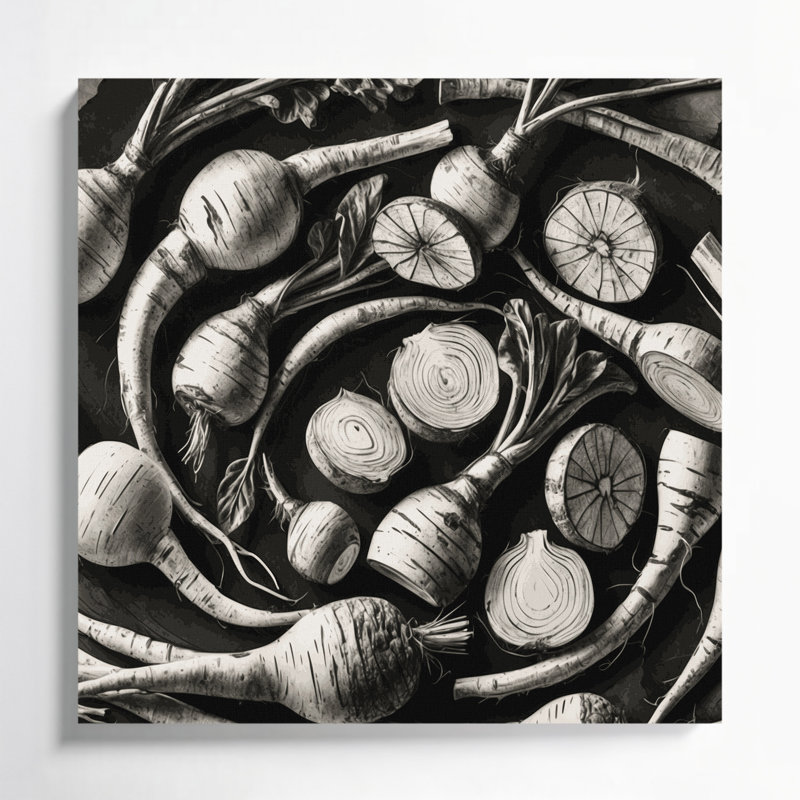 Art mural sur toile légumes et panais noir, H 16 po x l 16 po