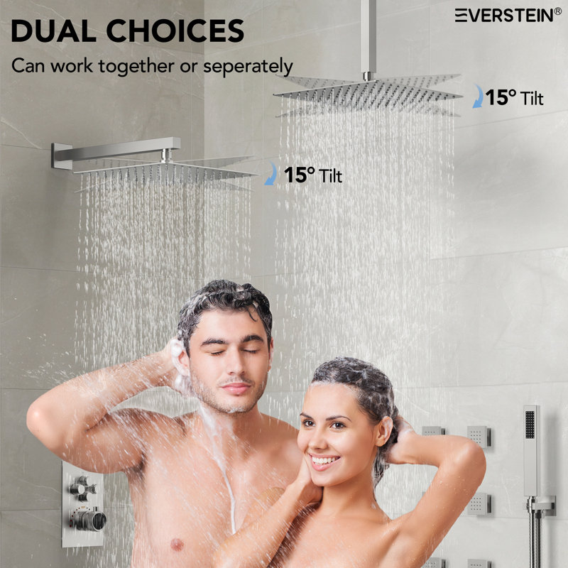  Thermostatic Dual Showerheads System, 12" High-Pressure Rainfall Shower Faucet with Handheld Spray and Body Jet