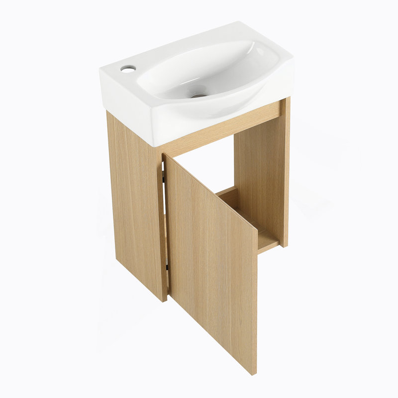 Petit meuble-lavabo moderne 16 "avec lavabo à poser en céramique pour petit espace, Chêne