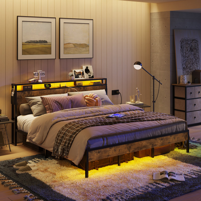 Annice Bed Frame with LED Light and Charging Station,Metal Platform with Power Outlets,Noiseless,No Spring Box Needed, Queen