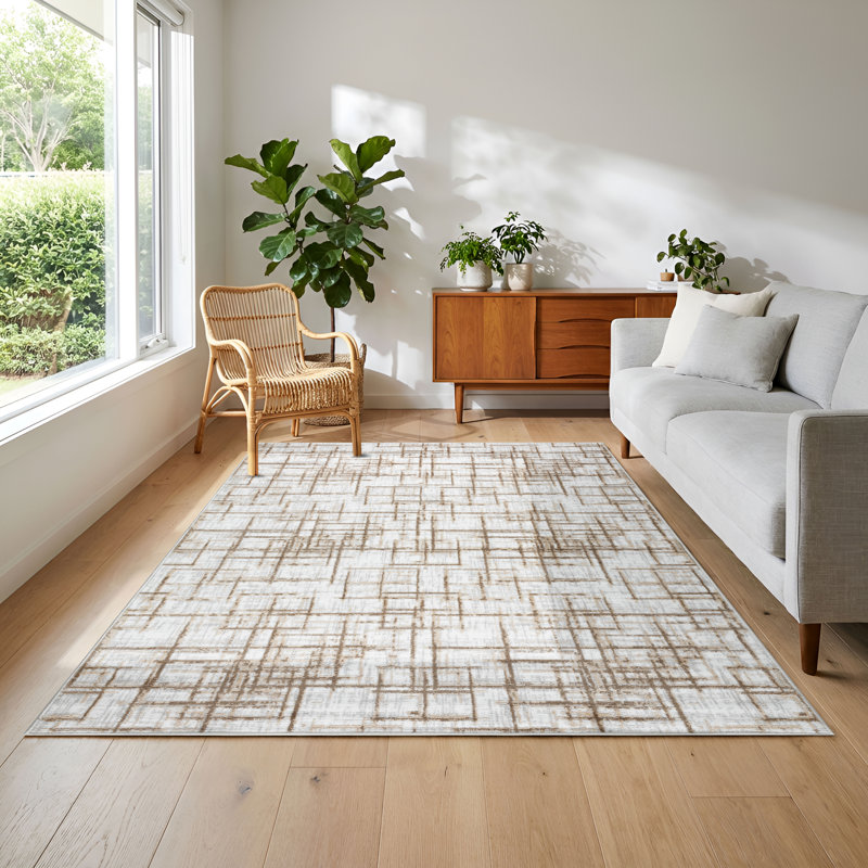 Farley Brown & Beige Striped High-Low Modern Rug, 5'3" x 7'10", Brown/Beige