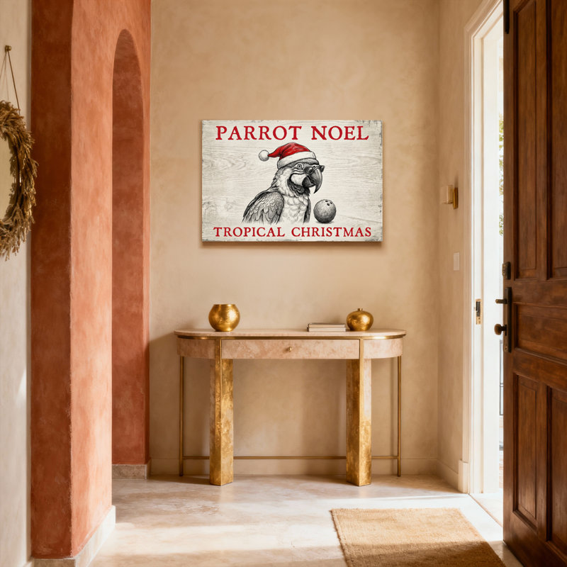 «Parrot Noel Tropical Christmas», reproduction d'art sur toile tendue sur toile, ensemble de 1