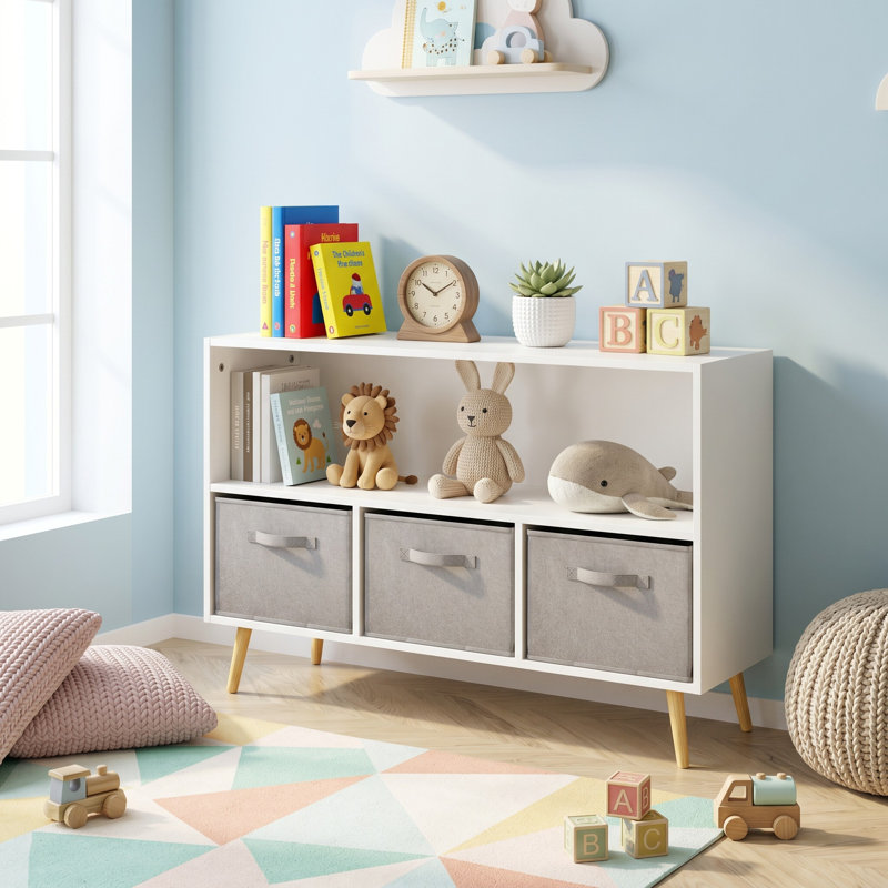 Bibliothèque pour enfants avec tiroirs en tissu pliables, armoire de rangement pour jouets, blanc / gris