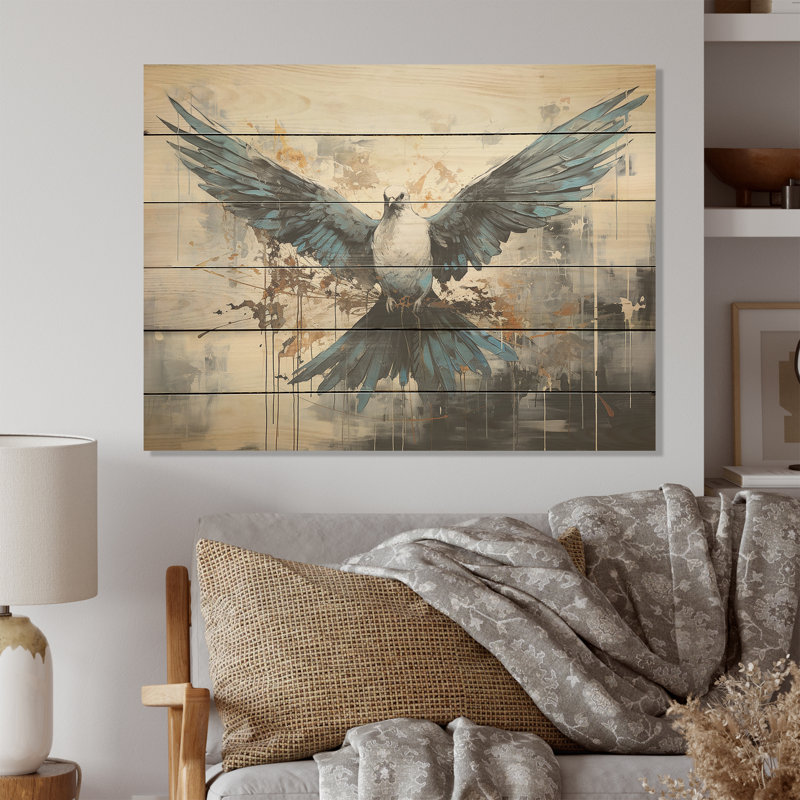 Minimalism Blue Dove - Dove Wood Wall Art On Natural Pine Wood, 10" H x 20" W