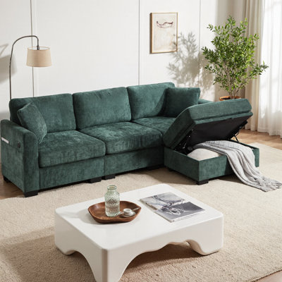 Canapé modulaire en L surdimensionné en chenille avec deux ports USB, banc de rangement pour repose-pieds et 2 poches latérales, canapé à 4 places pour le salon