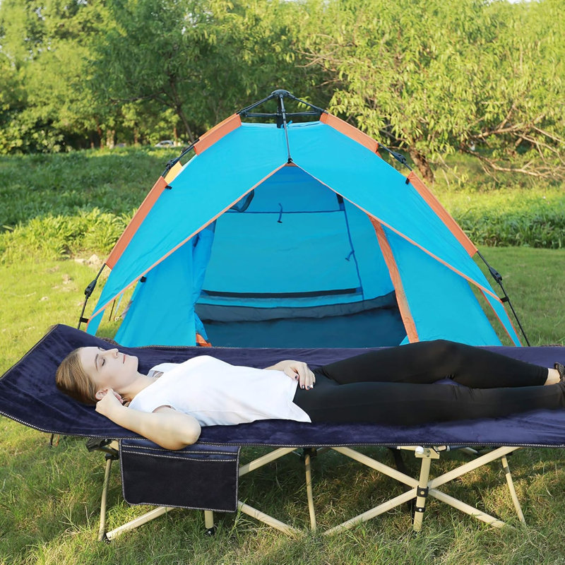 Lit de camp robuste L 75 po 2 en 1 avec surmatelas en velours moelleux, lit d'invité pliable d'une capacité de 500 lb et station de couchage de voyage, bleu