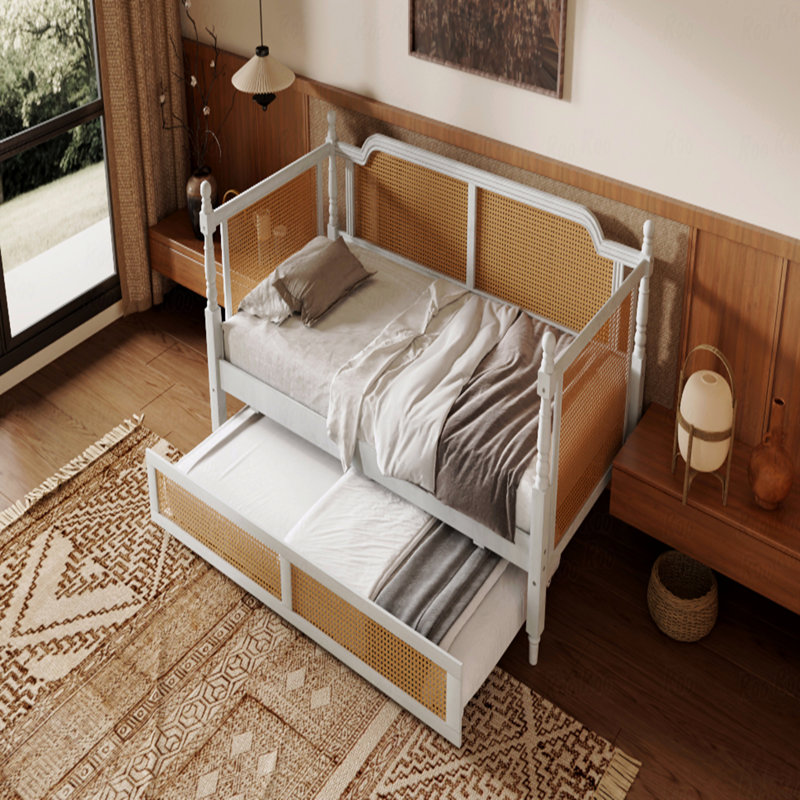 Traditional Style Rattan Daybed With 2 Drawers For Limited Space, Guest Room, No Box Spring Needed, Twin, Antique White