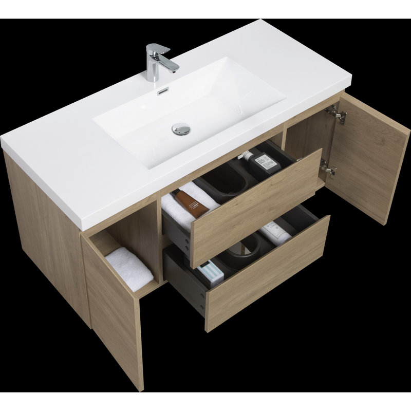 Meuble-lavabo mural moderne pour salle de bain, Chêne