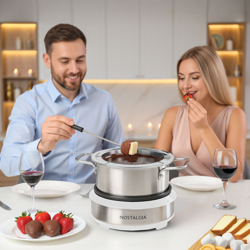 Nostalgia 8-cup Fondue Dipping Pot With 6 Fondue Forks, White And Stainless, White