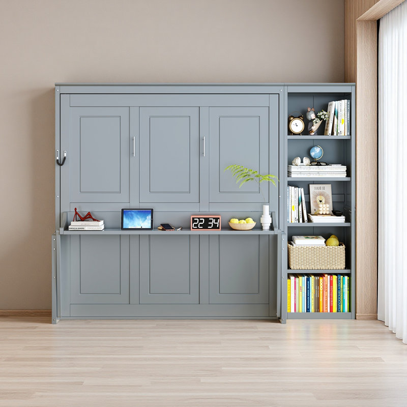 Lit escamotable avec bureau et bibliothèque Murphy, Grand lit, Gris