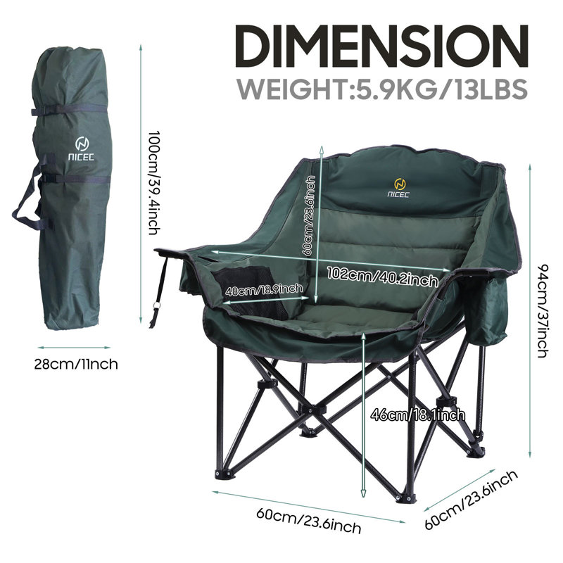 Heated XL Camping Chair - Oversized Padded Outdoor Lounge, 400lb Capacity with Cooler & Bag (2 Pack)