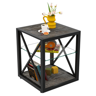 Space - Saving Modern End Table For Bedroom And Living Room Industrial Style, Tempered Glass, Rustic Wood Grain , 3 Tier Storage Stable Structure &