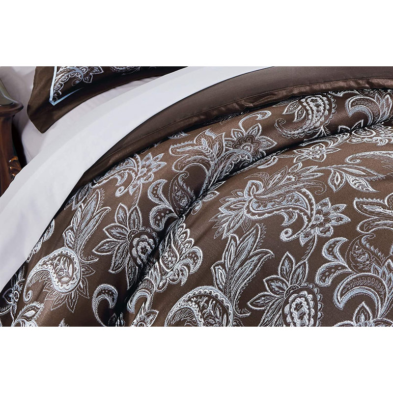 Queen Size Brown and Blue Jacquard Floral Comforter Set