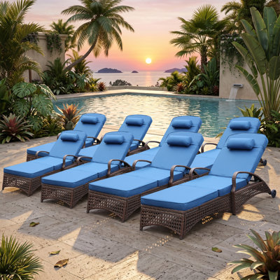 Set of 8 Outdoor Wicker Chaise Lounge Chairs with 6 Adjustable Reclining Position,Wheels,Thickened Cushion & Pillow