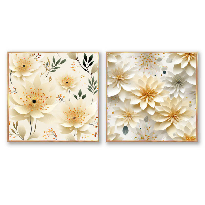 Carnation Mandalas Fleurs Boho Motif IV - Ensemble floral carré de collage de 2, Cadre flottant doré, H 36 po x l 73 po