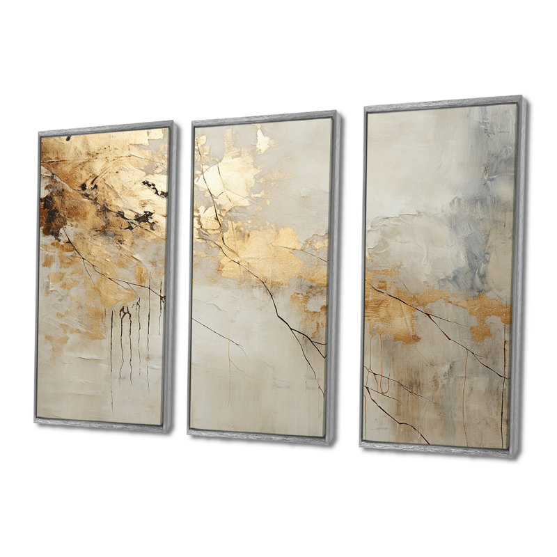 «Beige and Gold Marble Lightning VI», ensemble d'art mural formes abstraites, H 40 po x l 60 po x P 1 po, Encadrement argenté