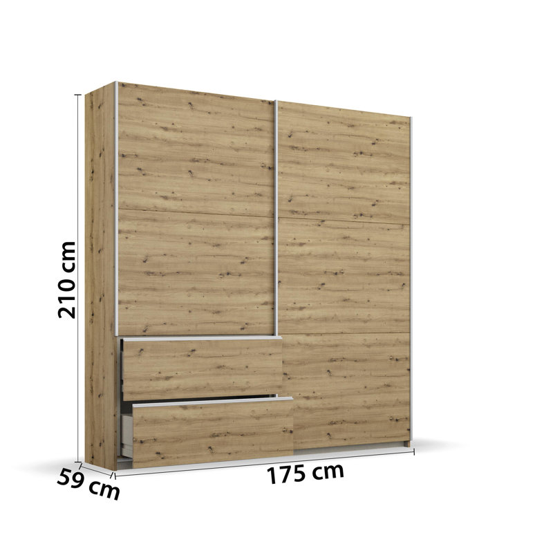 Sevilla Sliding Door Wardrobe, Oak Artisan/Grey, 210cm H x 175cm W x 59cm D