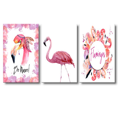 Be Brave Pink Flamingo With Feathers - Traditional Art Set Of 3 Pieces -  Design Art, COL3061-3P-12-20