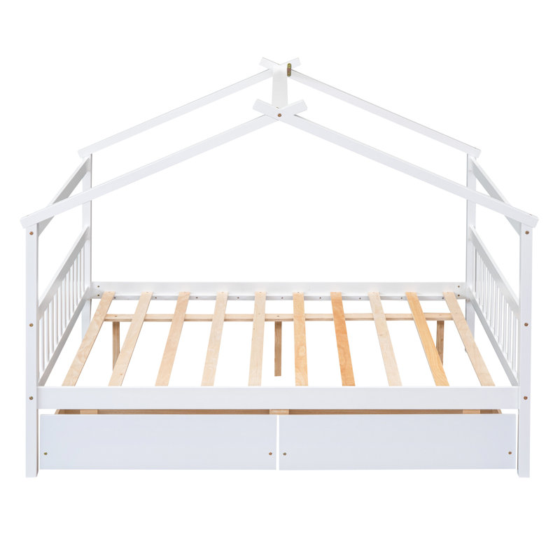 Lit maison en bois avec tiroirs, naturel, Blanc, Double