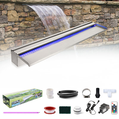 Pool Fountain, Stainless Steel Waterfall Spillway with Wider Water Flow Platform, Multi-Color LED Light & Spillway Cleaning Kit for Garden Outdoor Decoration 