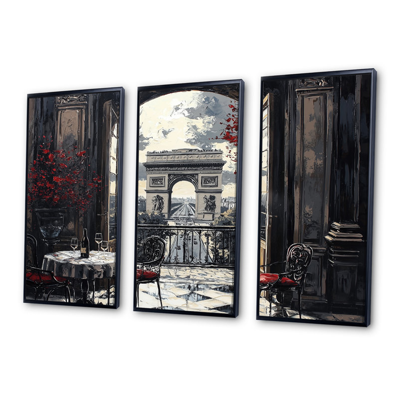 «Paris Terasse Red Arc De Triomphe - City Paris», ensemble de reproductions d'art mural, Toile avec cadre flottant noir
