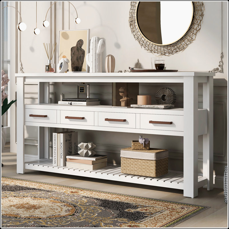 Table console moderne pour salon avec 4 tiroirs et 2 tablettes, Blanc